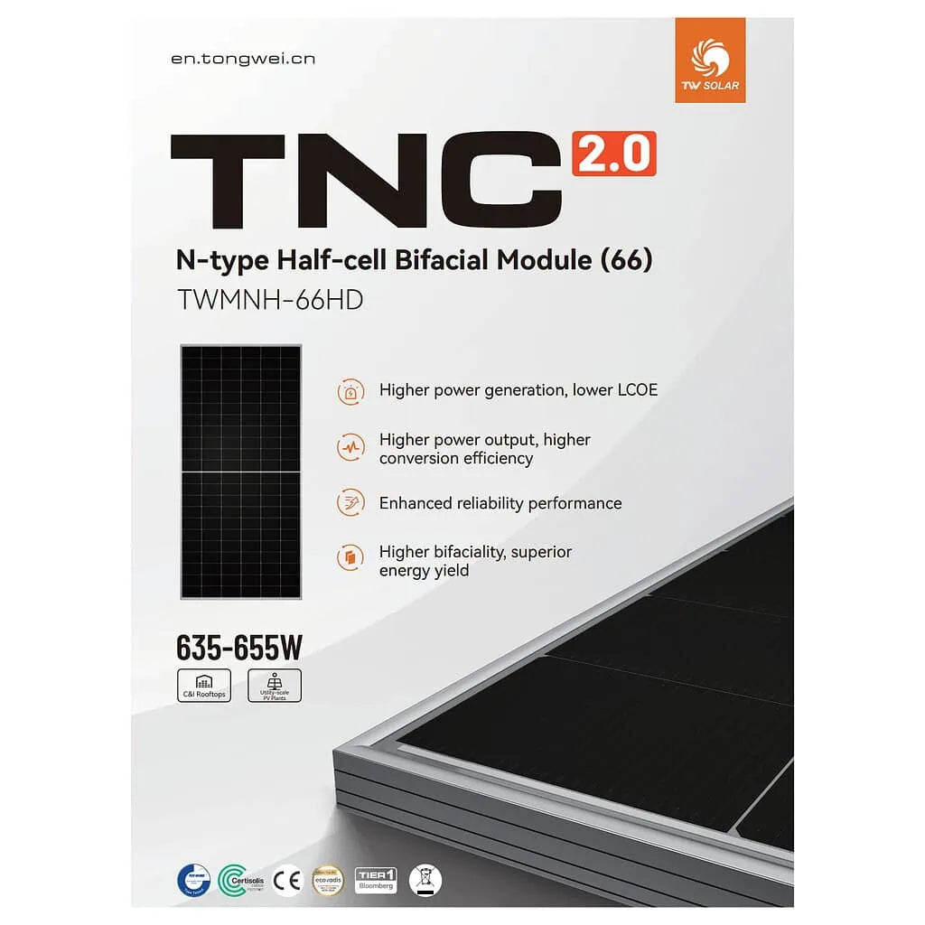 Двостороння сонячна панель Tongwei Solar TWMNH-66HD635W (635 Вт, N-type, Bifacial)